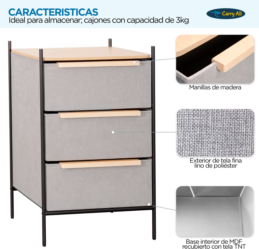 Velador Cajonera 3 Cajones Carry All Línea Minimalist -2