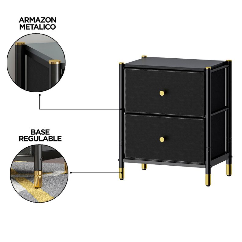Velador Cajonera 2 Cajones Metal Madera Eco Cuero-2