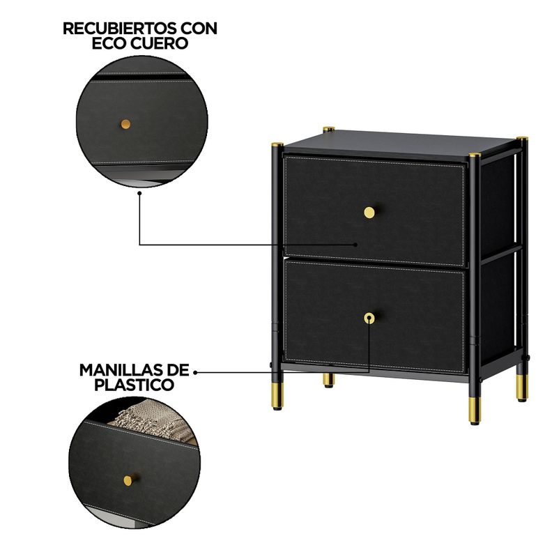 Velador Cajonera 2 Cajones Metal Madera Eco Cuero-3