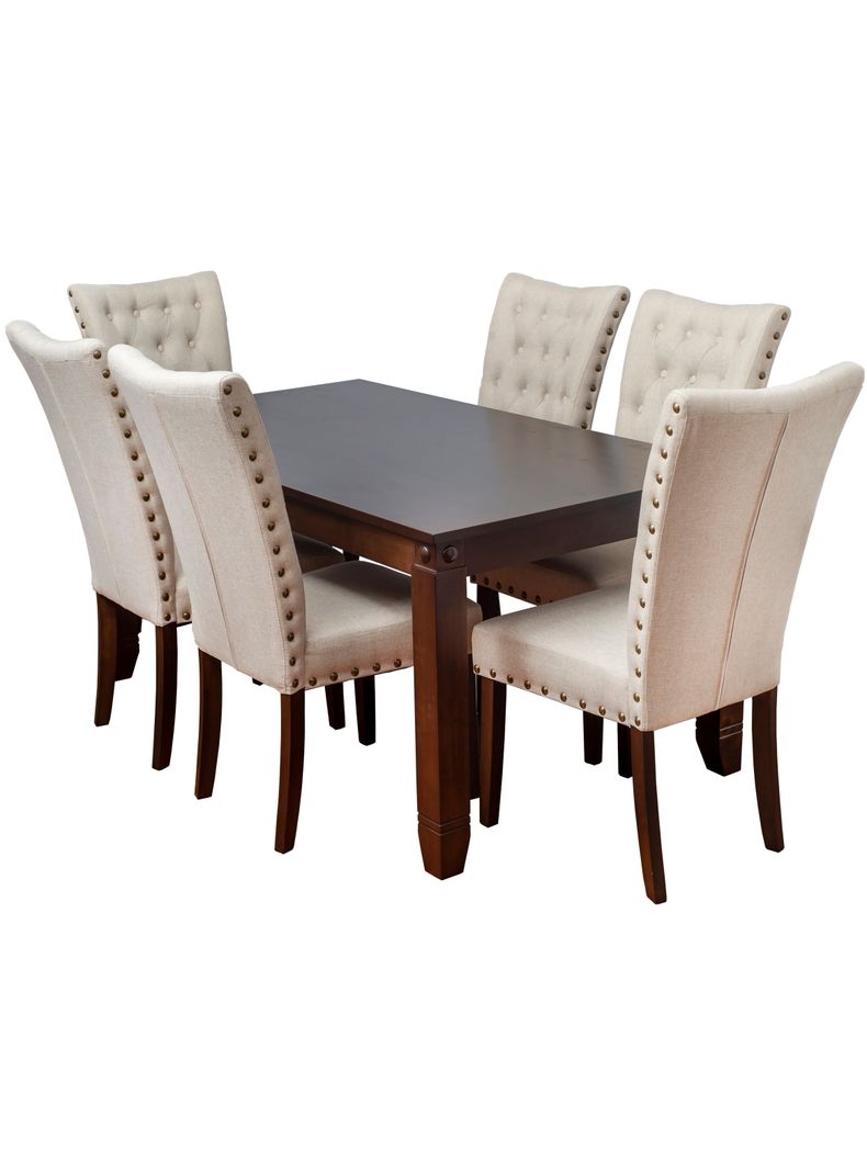 Comedor de madera con 6 sillas  Capitoné Beige-2