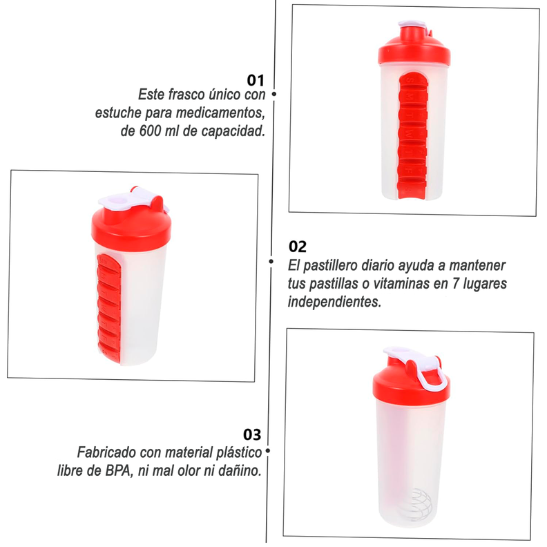 Botella De Agua 600ml + Pastillero Organizador Semanal Rojo-2