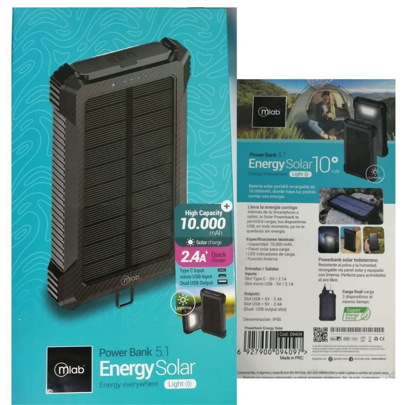 Power Bank Carga Solar 10000mah Negro Batería Externa Mlab-0