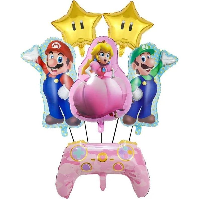 Set Globos Aluminio 6 pzas Cumpleaños Princesa Peach ( Mario Bros)-0
