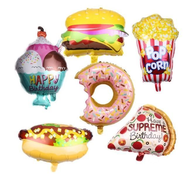 Set Globos Aluminio Fast Food Donust ,Pastelito, Hamburguesa 6 piezas-0