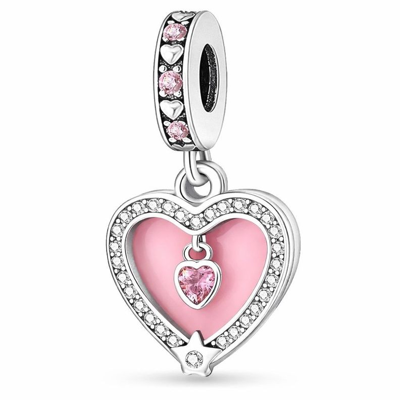 Charm Dije Doble Corazon Rosa Pastel Plata Ley 925