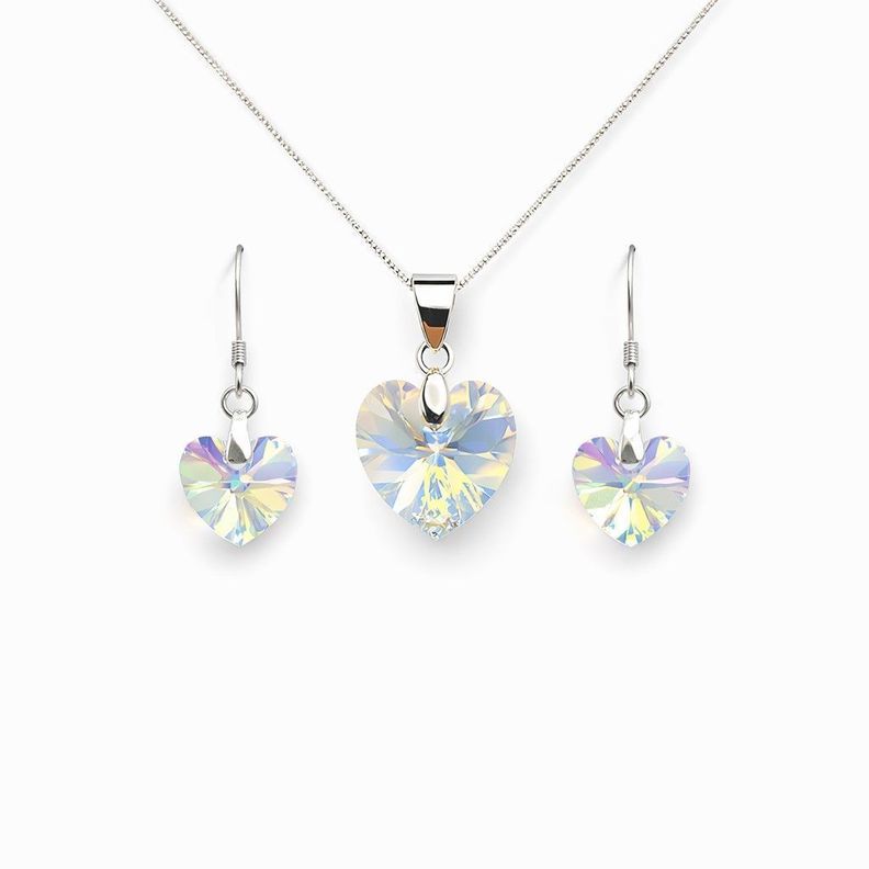 Conjunto Collar y Aros Corazon Cristal Austriaco Aurora Boreal Plata 925