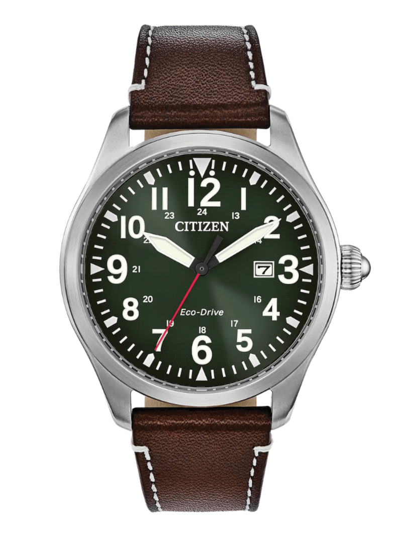 マイナー　watch RELOJ CITIZEN BM6838-09X ECO-DRIVE PLATEADO CORREA CAFE DIAL VERDE