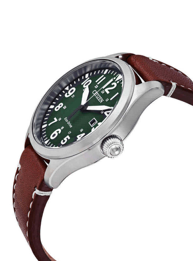 RELOJ CITIZEN BM6838-09X ECO-DRIVE PLATEADO CORREA CAFE DIAL VERDE