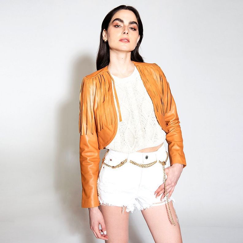 Chaqueta De Cuero Rumi Flecos Camel Amen-0