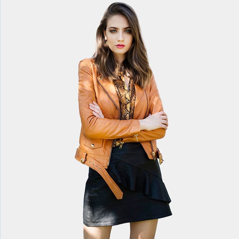 Chaqueta De Cuero Biker Sabaku Camel Amen-1