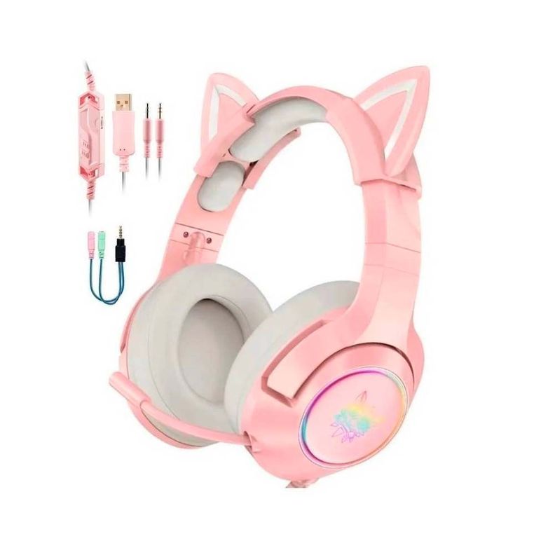 Audífono Gamer Onikuma K9 con orejas de gato Rosado-1