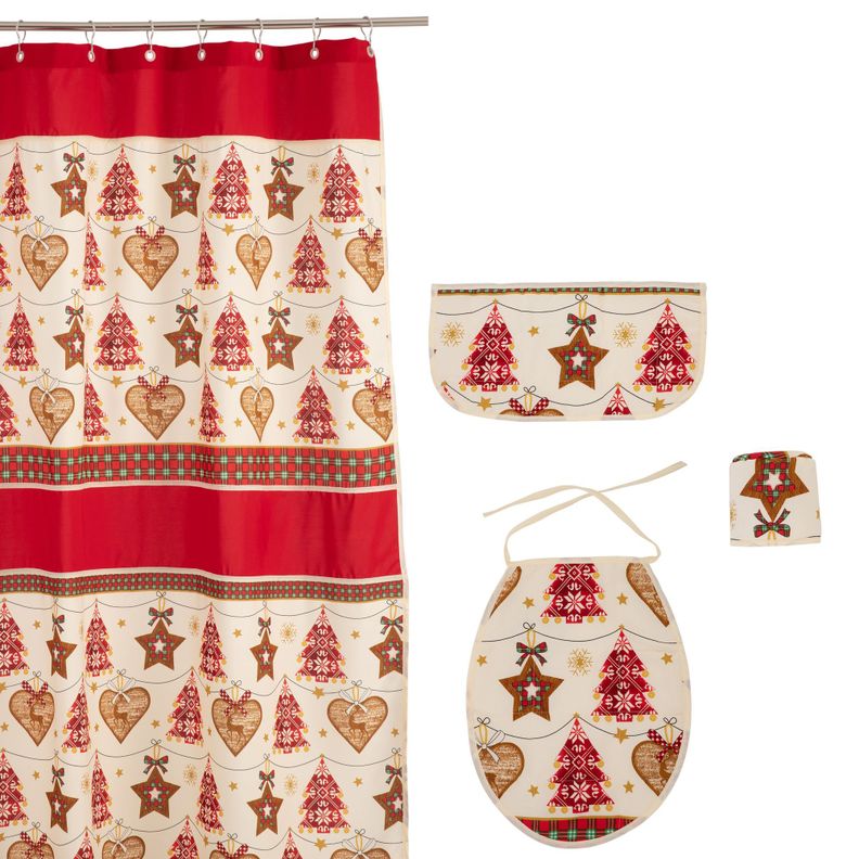 CORTINA BANO NAVIDAD 4 PIEZAS CRUDO ROJO