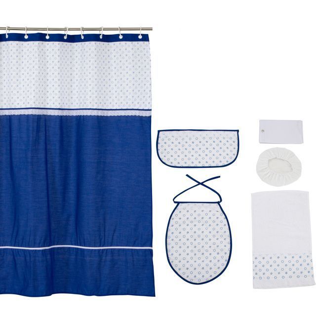 Cortina y Set de bano 7 piezas 180 x 180 cms azulino broderie Azul