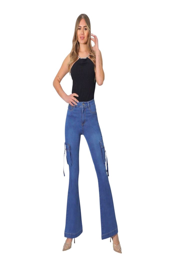 Jeans Cargo Flare Push Up Acampanado Levanta Cola  Azul 36