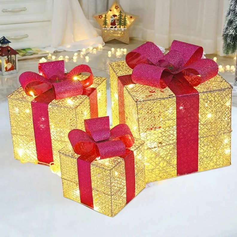 Set 3 Cajas Regalo Luces Decoración Navidad Dorado-0