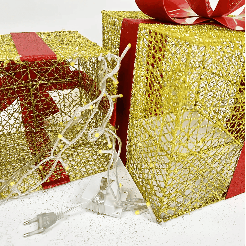 Set 3 Cajas Regalo Luces Decoración Navidad Dorado-1