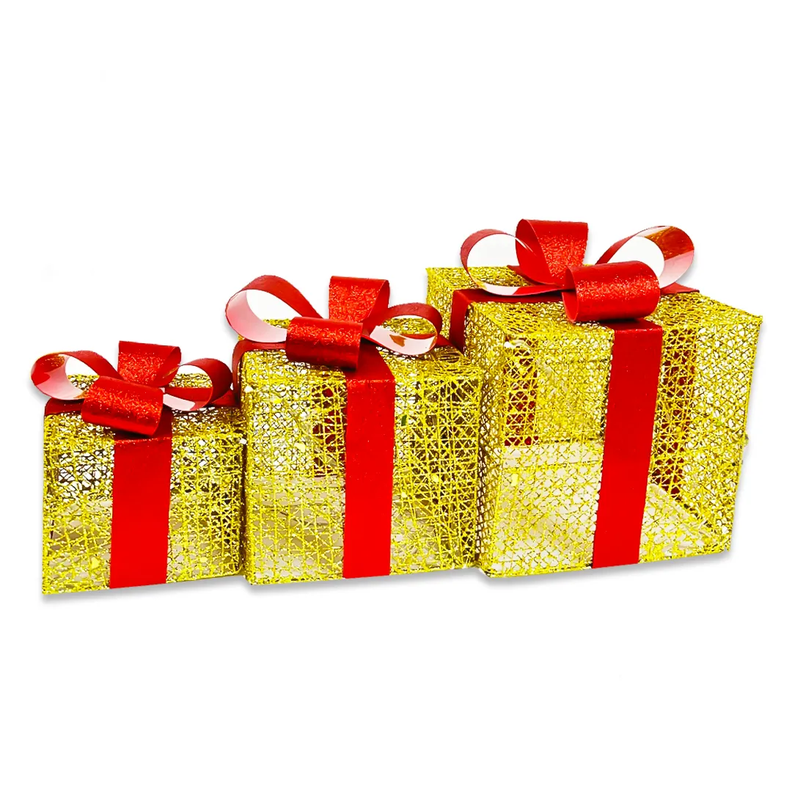 Set 3 Cajas Regalo Luces Decoración Navidad Dorado-2