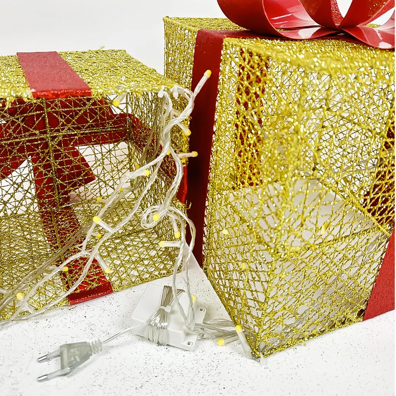 Set 3 Cajas Regalo Luces Decoración Navidad Dorado-3