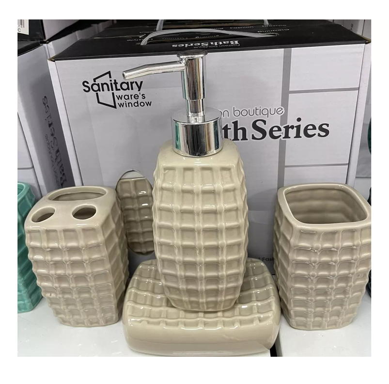 Set 4 Accesorios De Baño De Cerámica Beige-1