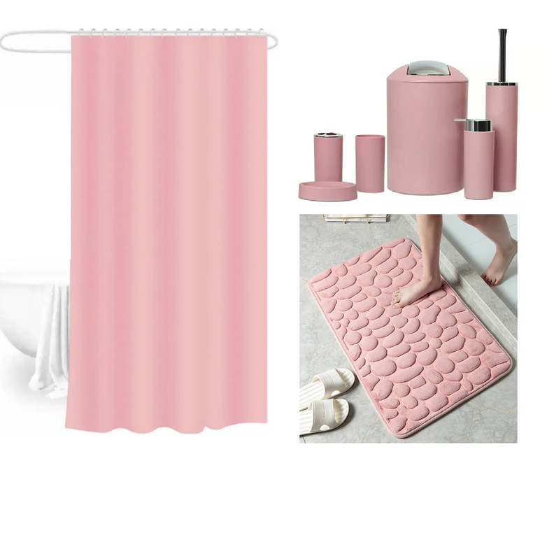 Set de Bano Rosado 8 piezas Cotina Alfombra Organizador