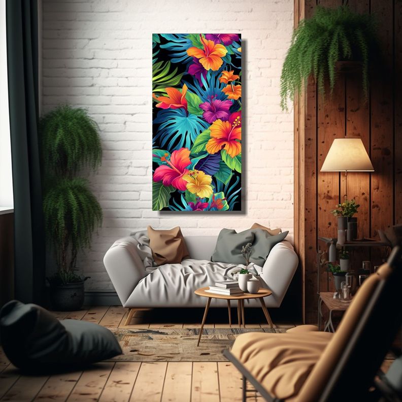 Cuadro Tropical De Flores Y Hojas En Fondo Negro 70x140cm-2