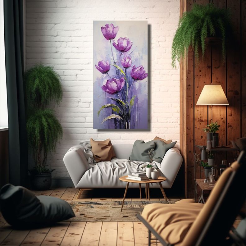 Cuadro Abstracto De Tulipanes Morados En Lienzo 60x120cm-2