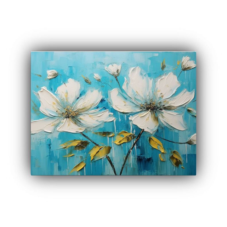 Pintura De Flores Abstractas En Tonos Verde Azulado 90x60cm-0