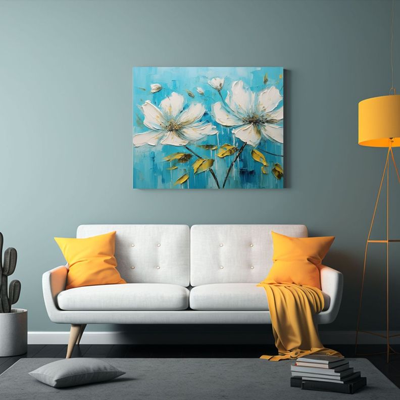 Pintura De Flores Abstractas En Tonos Verde Azulado 90x60cm-2