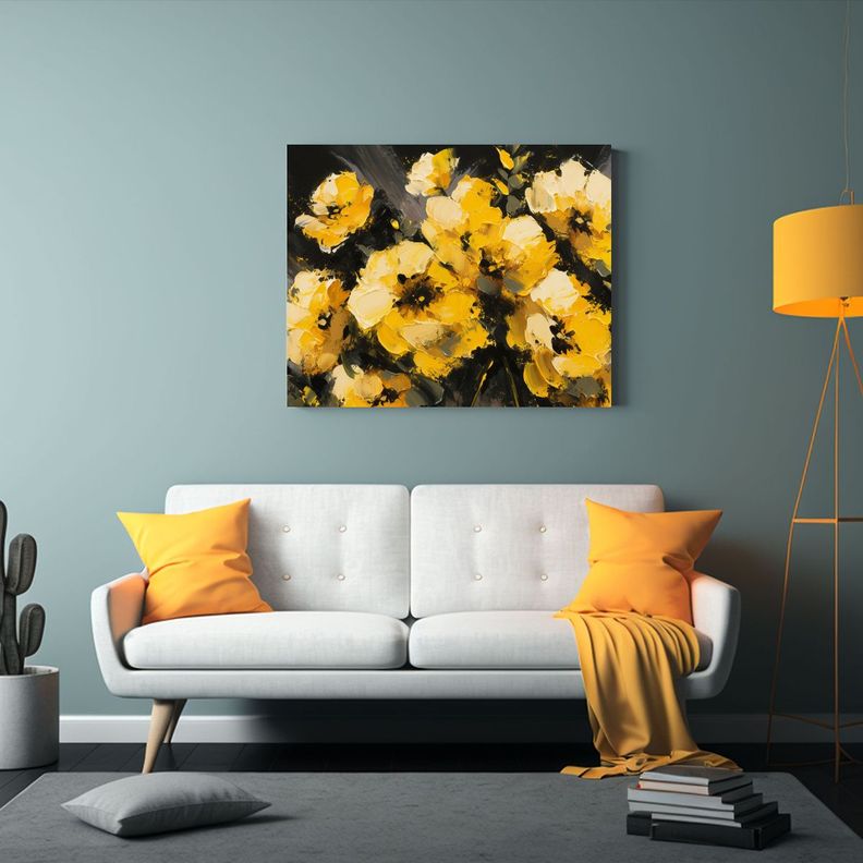 Cuadro De Flores Amarillas Y Negras En Lienzo Para Decorar D 90x60cm-2