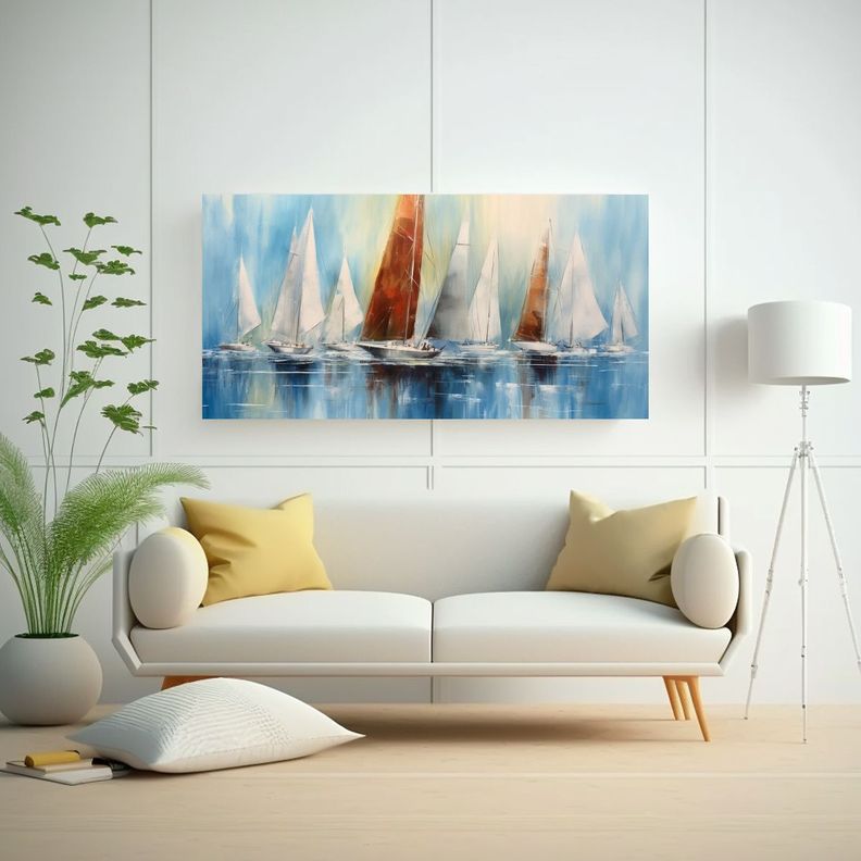Cuadros Barcos Vela Acuarelas Colores Tonos 60x30cm-2
