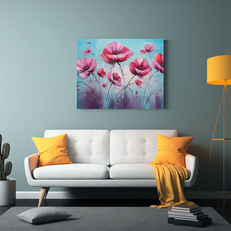 Cuadro Moderno Con Motivo De Flores En Tonos Turquesa Y Rosa 90x60cm-2