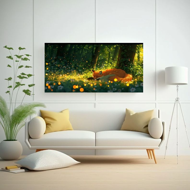Pintura Decorativa: Bosque Anime Lofi Con Zorros 140x70cm-2