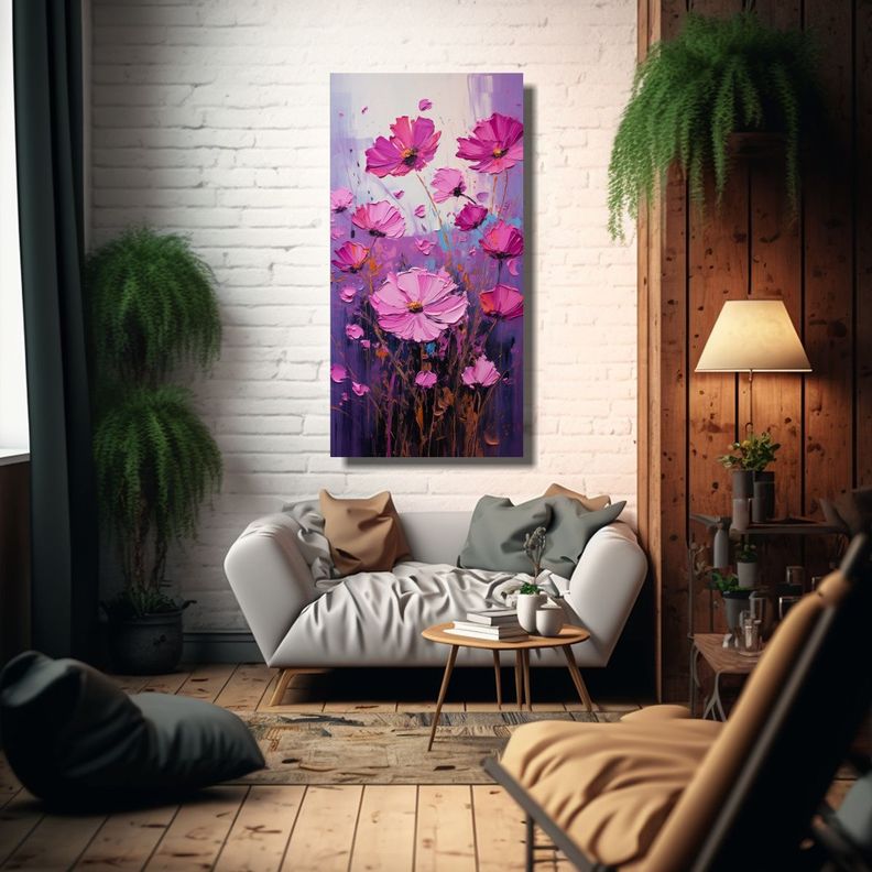 Cuadro Luminoso Flores Moradas Y Magenta En Tela 50x100cm-2