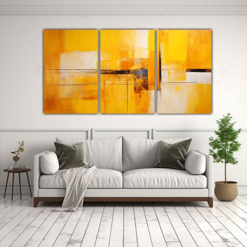 Cuadro Abstracto Moderno Amarillo Tres Cuadros 180x90 Cm-2