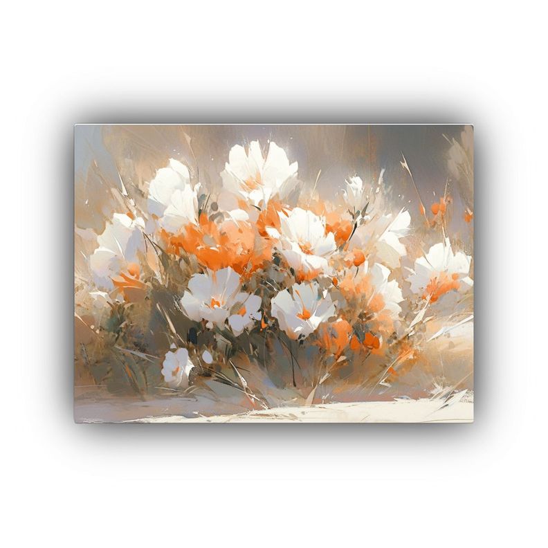 Cuadro De Flores Blancas Y Naranjas En Tela: 75x50cm-0