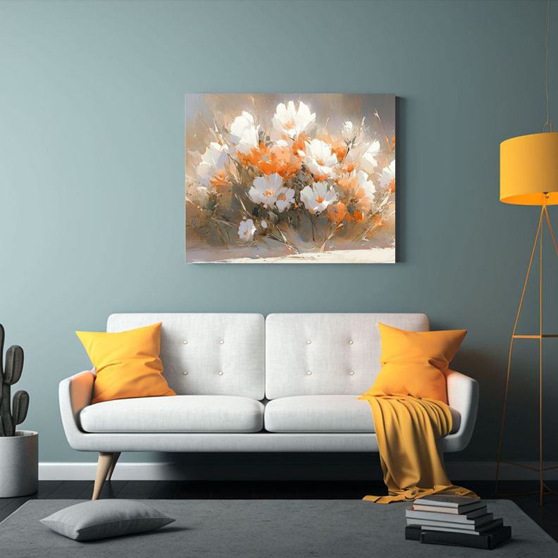 Cuadro De Flores Blancas Y Naranjas En Tela: 75x50cm-2