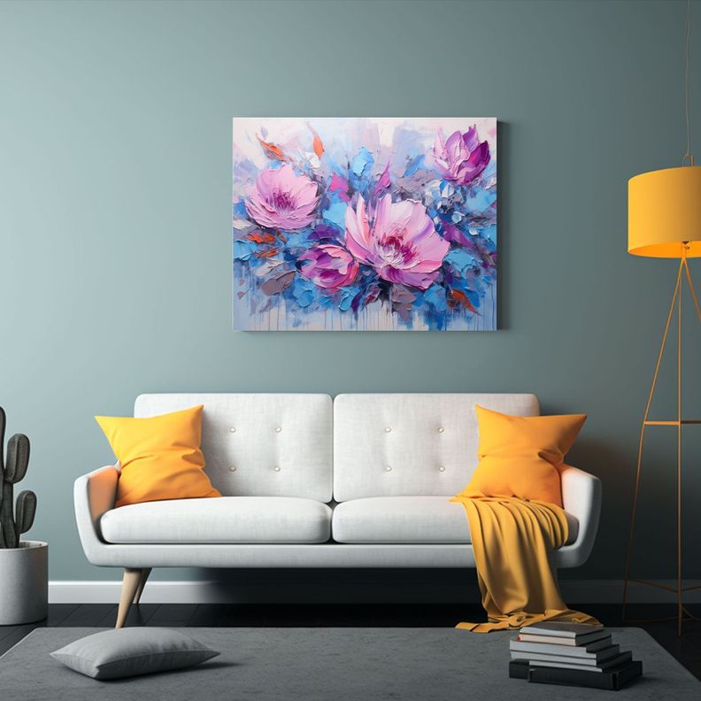 Cuadro Composición Colorida Flores Rosas Y Azules En Lienzo 75x50cm-2