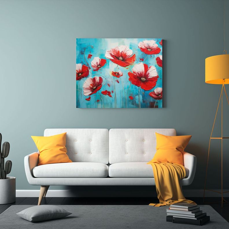 Pintura Flor Roja Y Turquesa En Lienzo Alta Calidad Y Armon 40x30cm-2