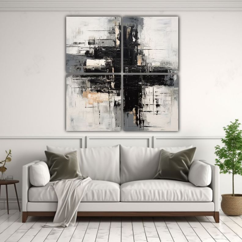 Pintura Abstracta En Blanco Y Negro Sin Marco: 40x40 Cm-2