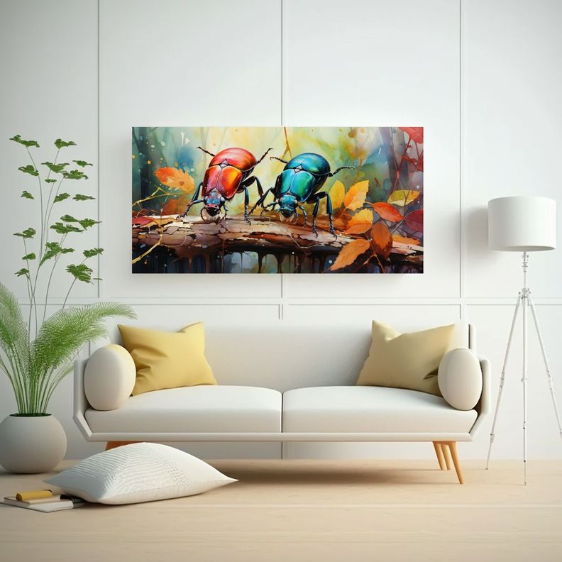 Cuadro Colorida De Escarabajos En Acuarela Estilo  60x30cm-2