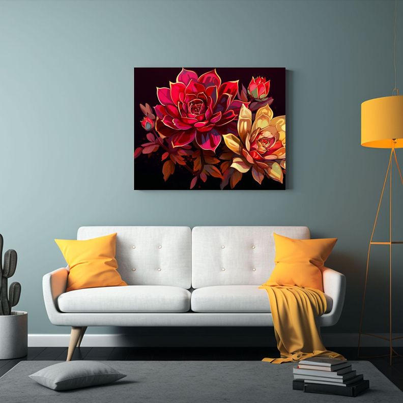 Cuadros De Decoración Con Suculentas En Rojo Y Dorado, Atm 45x30cm-2