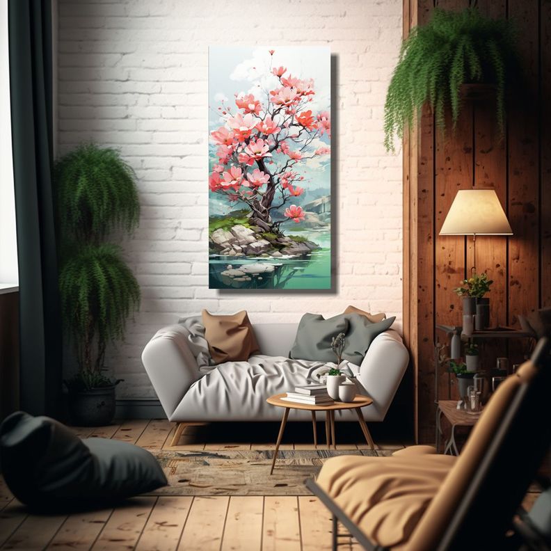 Cuadro Vertical árbol Mangle Verde Y Rosa 80x160cm-2