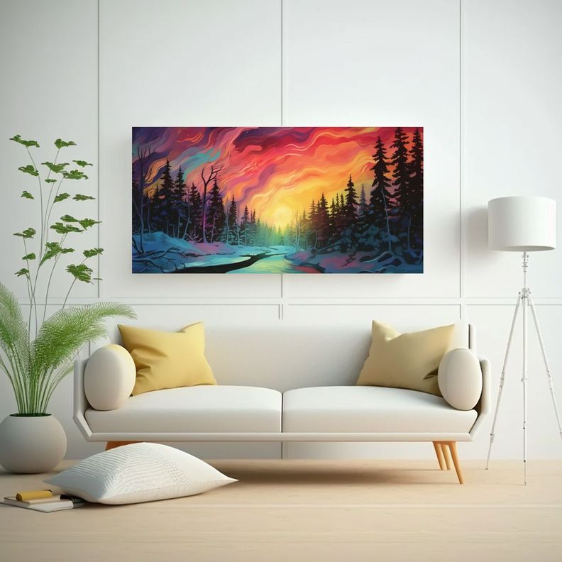 Pintura Cuadro Aurora Boreal Naturaleza Nórdica 140x70cm-2