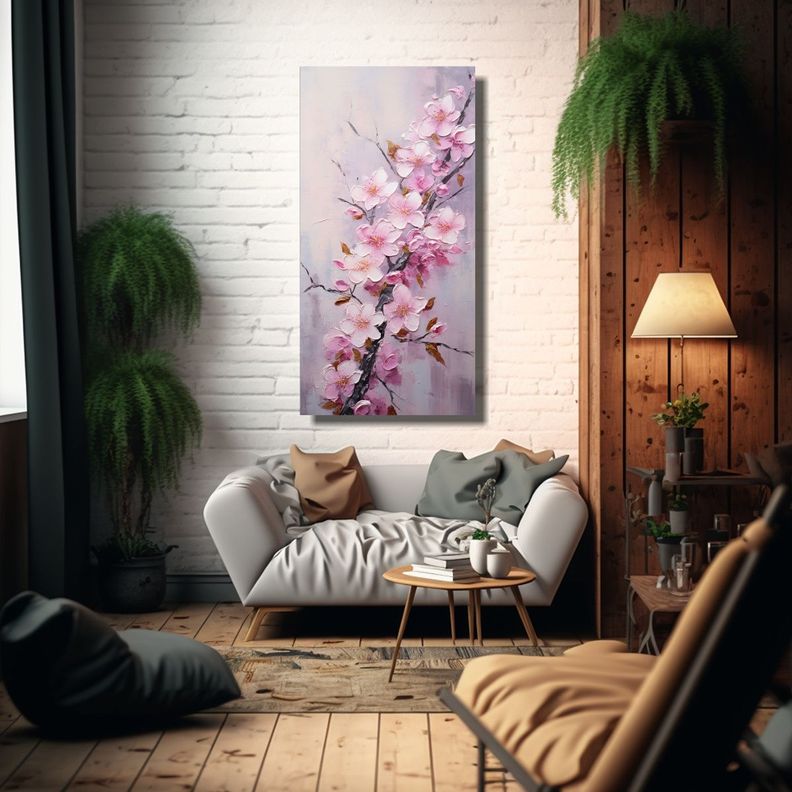 Ilustración Lienzo Tela Sakura Rosado Arte Pared 20x40cm-2