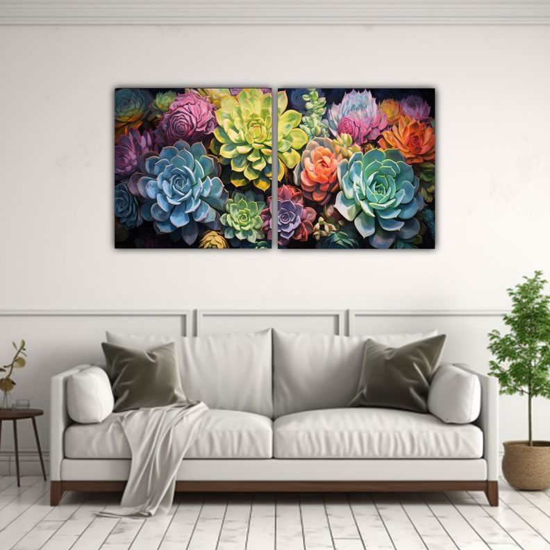 Pintura Abstracta De Suculentas Y Flores: 40x20 Cm-2