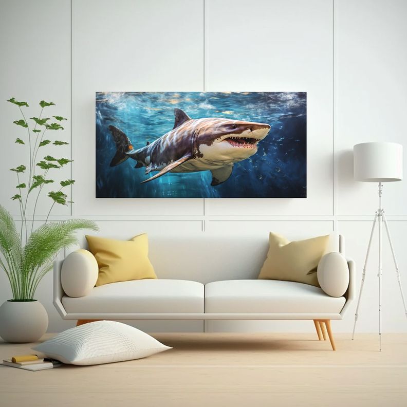 Pintura Al Estilo óleo Colorida De Tiburón Tigre 60x30cm-2