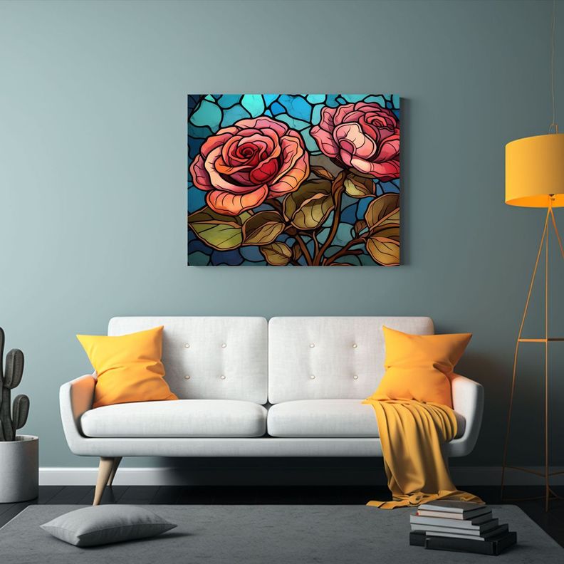 Cuadro De Arte 3D Con Rosas De Vidrio Manchado Decoración C 60x40cm-2