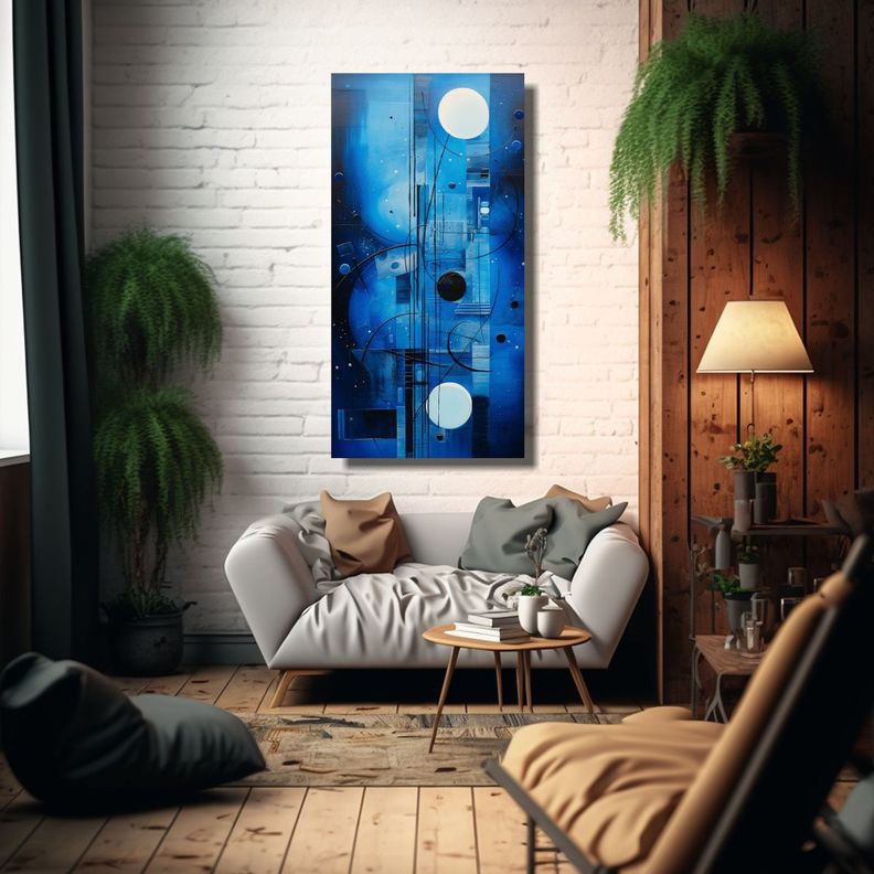 Cuadro Abstracto Azul Con Bastidor Decorativo 80x160cm-2