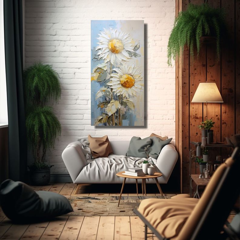 Pintura Al óleo De Girasoles Blancos Sobre Lienzo 40x80cm-2