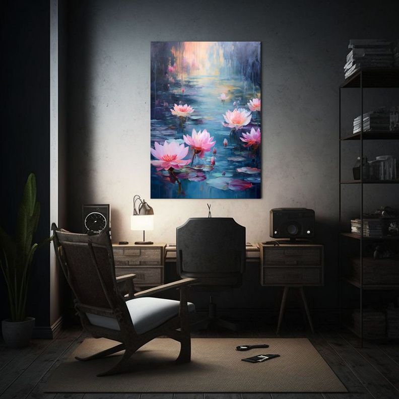 Cuadro De Flores Rosas Y Agua Morada En El Baño 60x90cm-2